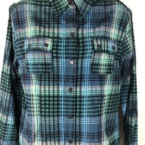 NKD Womens Long Sleeve Pocketed PLAID Metallic Accents BLOUSE Green 12 N…